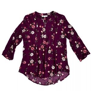 Monday Fun Floral 3/4 Sleeve Pullover Pleated Purple Blouse Top NWOT Size Small